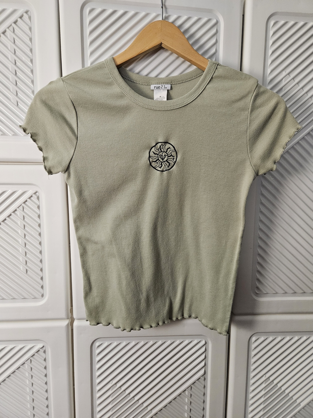 Rue21 Sage Ribbed Crop Top with Sun Emblem